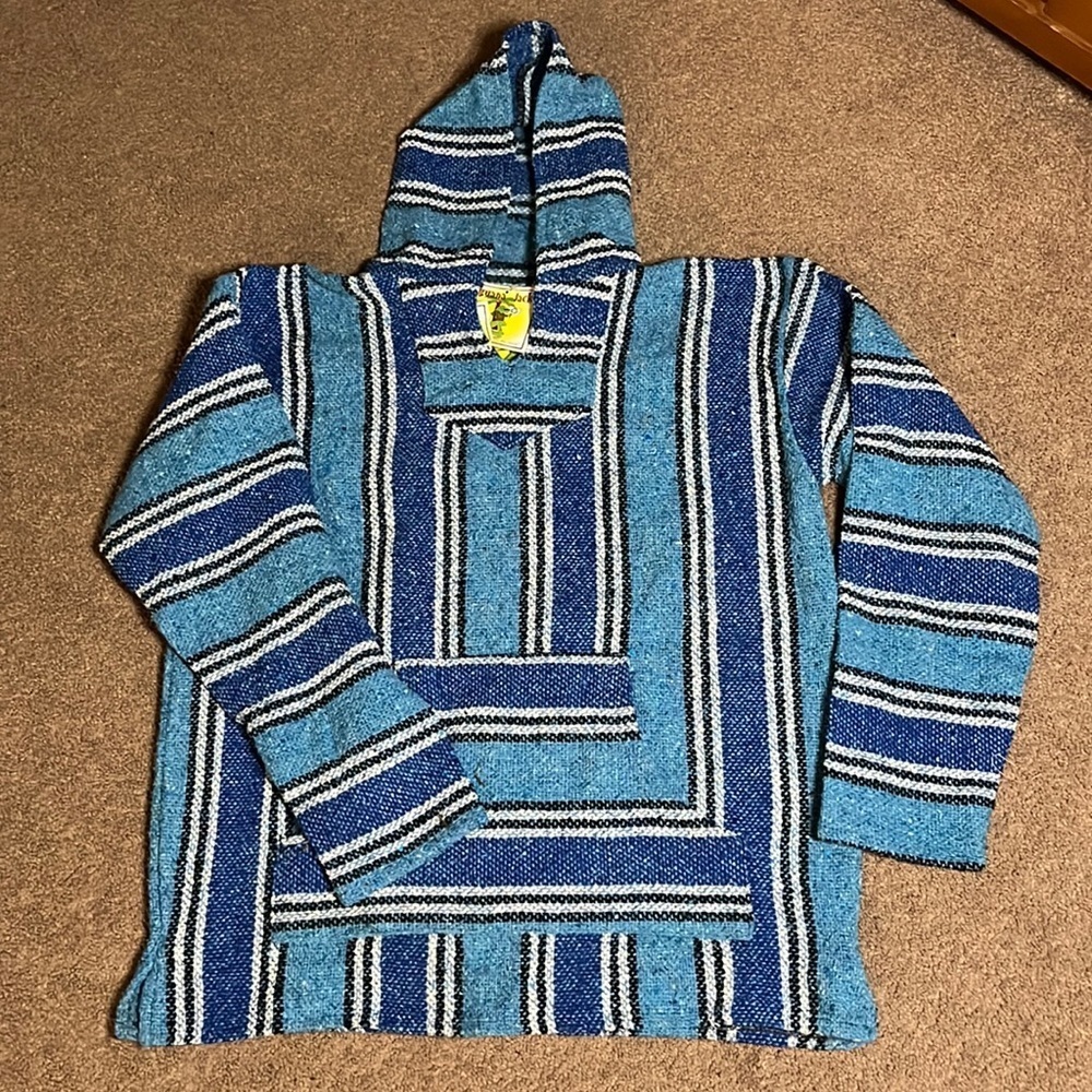 Iguana Jack Blue Cotton Blend Surfer Style Baja Hoodie Pullover Unisex NWT